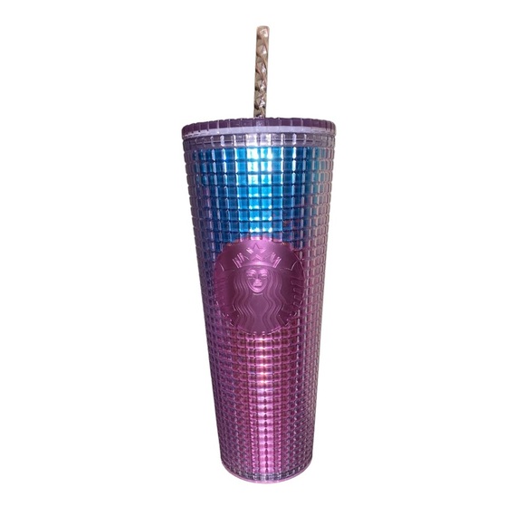 Starbucks Summer 2021 Pink Blue Grid Cup Lid Straw 24 oz - Picture 1 of 5